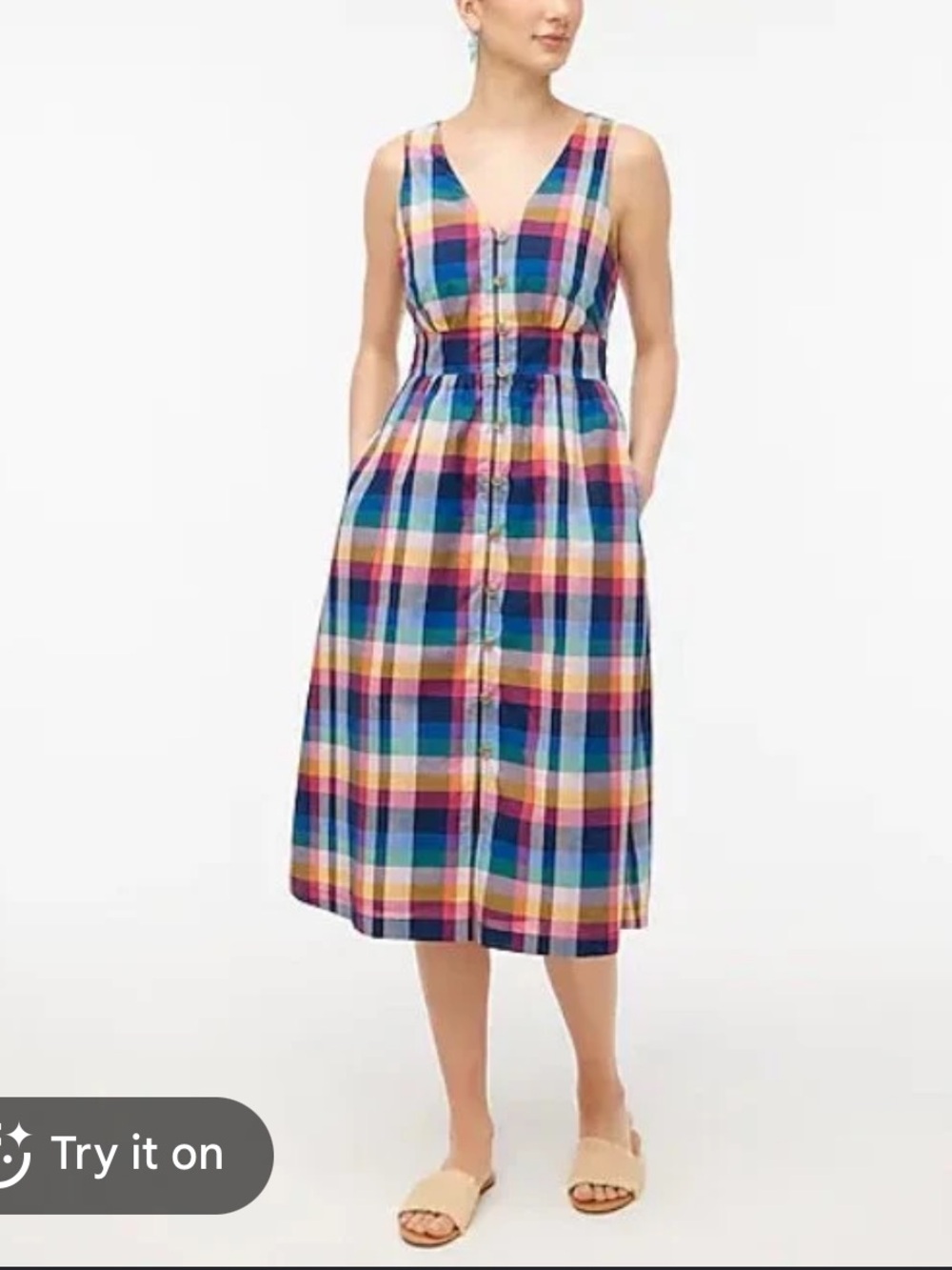J. Crew | Sleeveless mixed-plaid button-up vibrant multicolor midi dress size 2